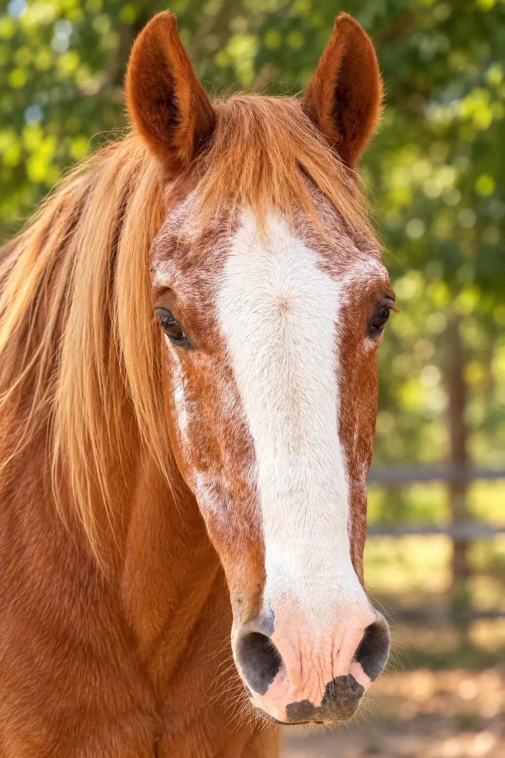 Yan, a chestnut horse with a white blaze, facing the camera