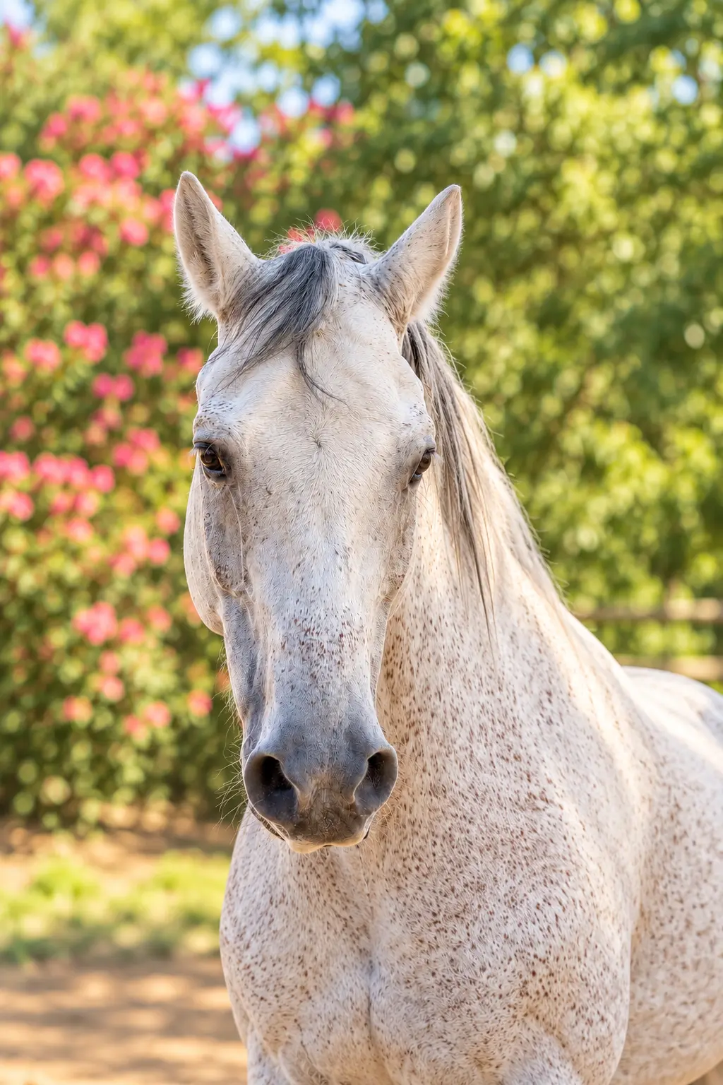 Cass, a grey horse seen from the side in a field of flowers