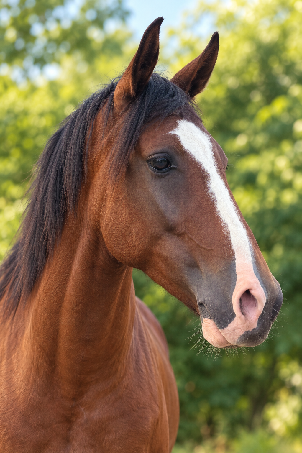 Kai, a brown horse with a white blaze looking to the side
