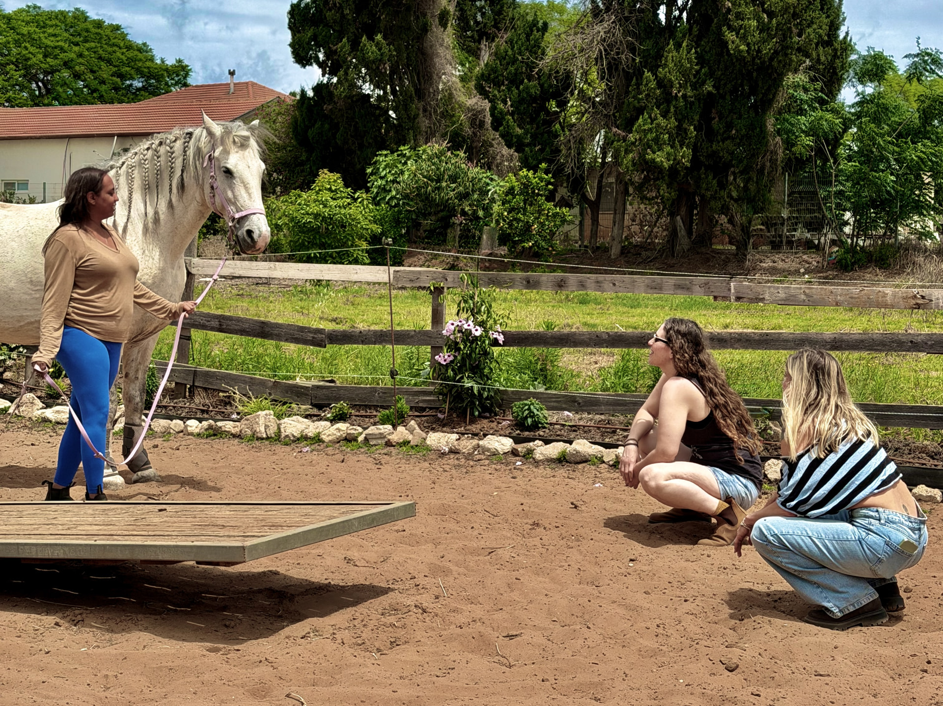 A woman leading the white horse while two women kneel nearby during a groundwork session