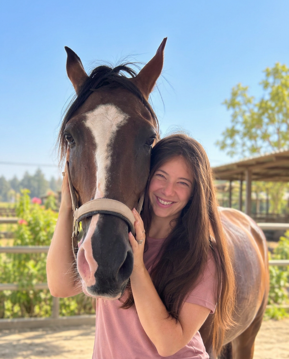 Pia smiling beside her brown horse outdoors